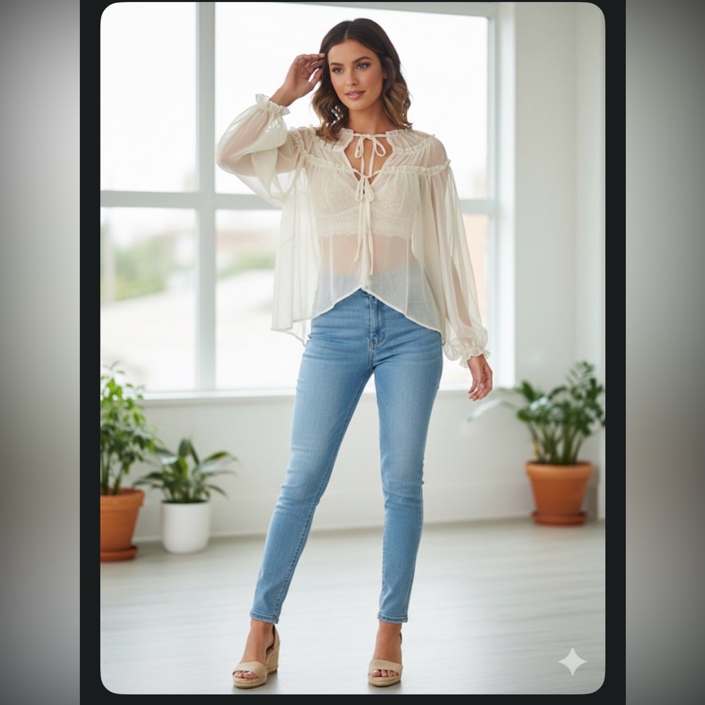 Popvil Sheer Ruffle Tie Front Blouse. NWT